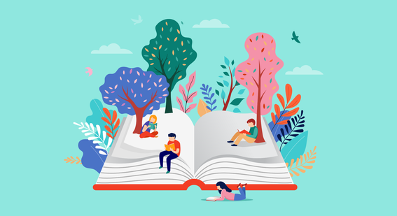 four people on a book reading with trees around them